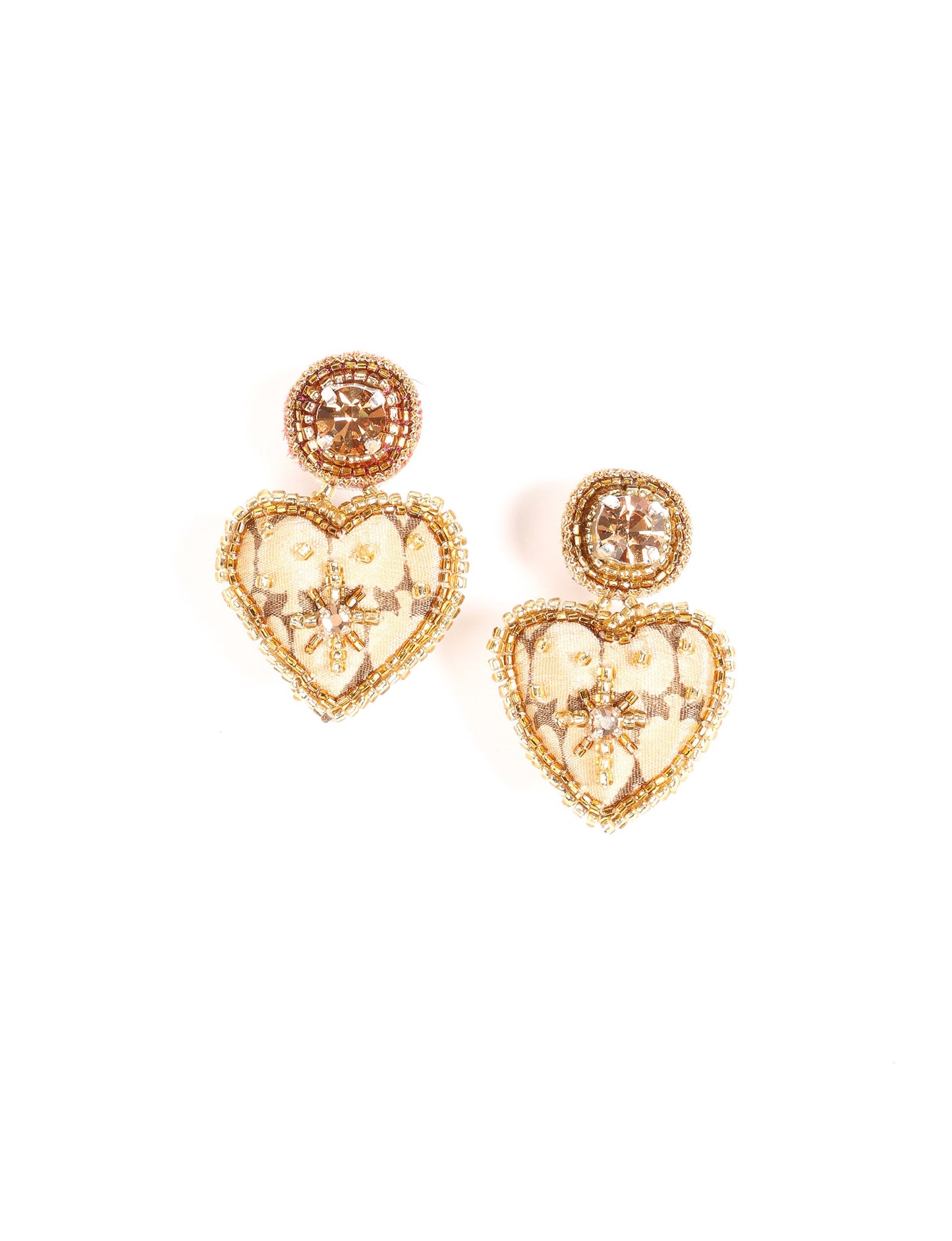 Hand-embroidered Heart Drop Earrings featuring intricate Aari stitching, crafted from recycled sari fabric. A stunning blend of upcycled clothing, ethical fashion, and circular fashion, these earrings embrace recycled sustainable fashion and earth-friendly clothing for a truly elegant, eco-conscious choice.