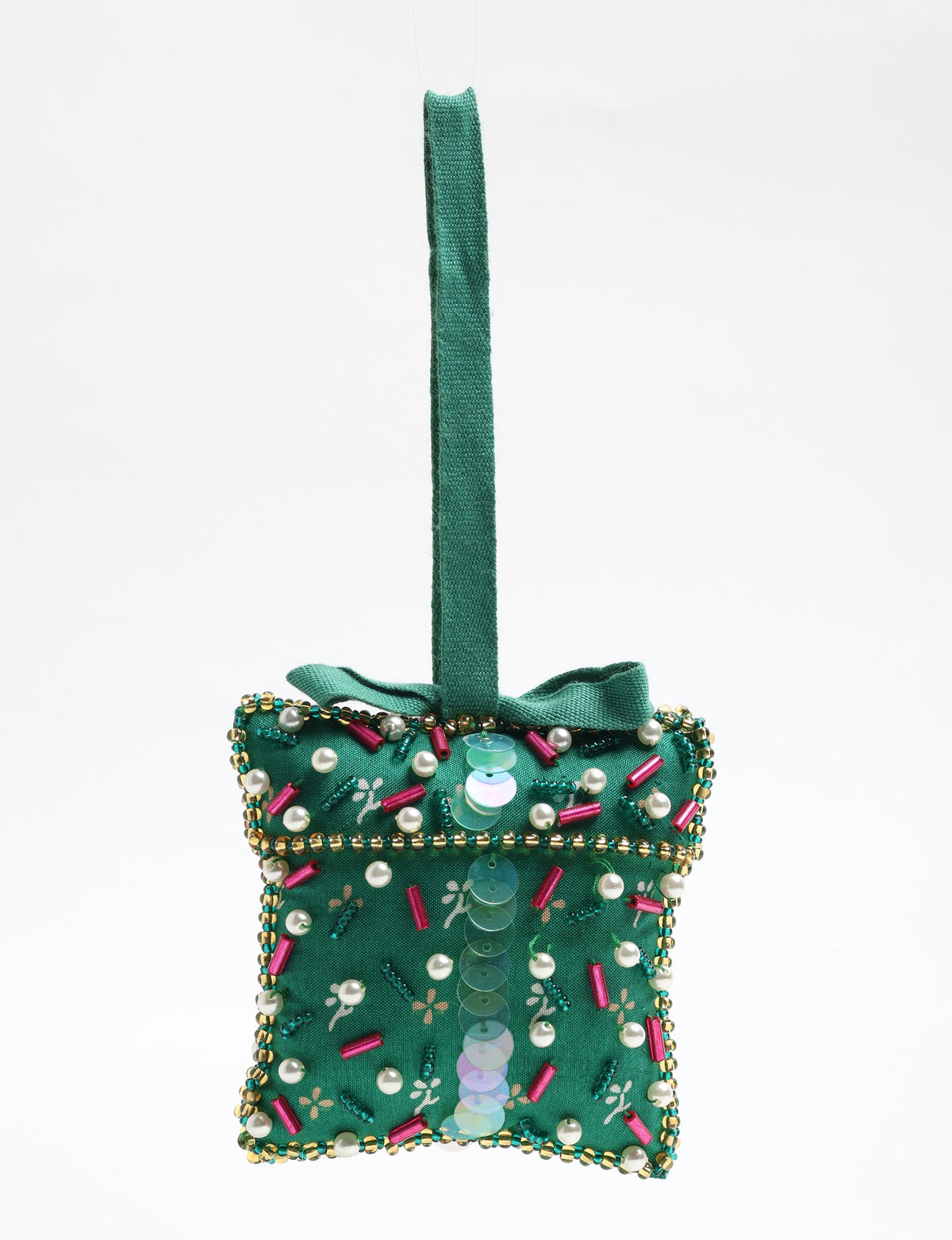 Green fabric gift-shaped ornament with pink, pearl, and green bead embellishments and a green hanging loop