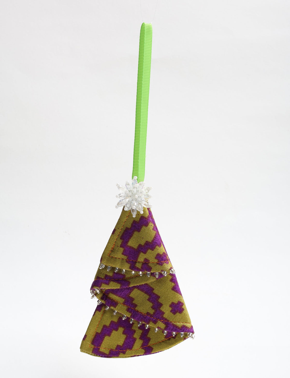 Fabric Christmas tree ornament with purple and olive green geometric pattern, clear bead trim, and green hanging ribbon