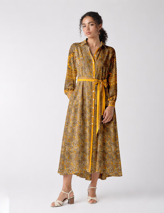 Long shirt dress side view highlighting flared silhouette