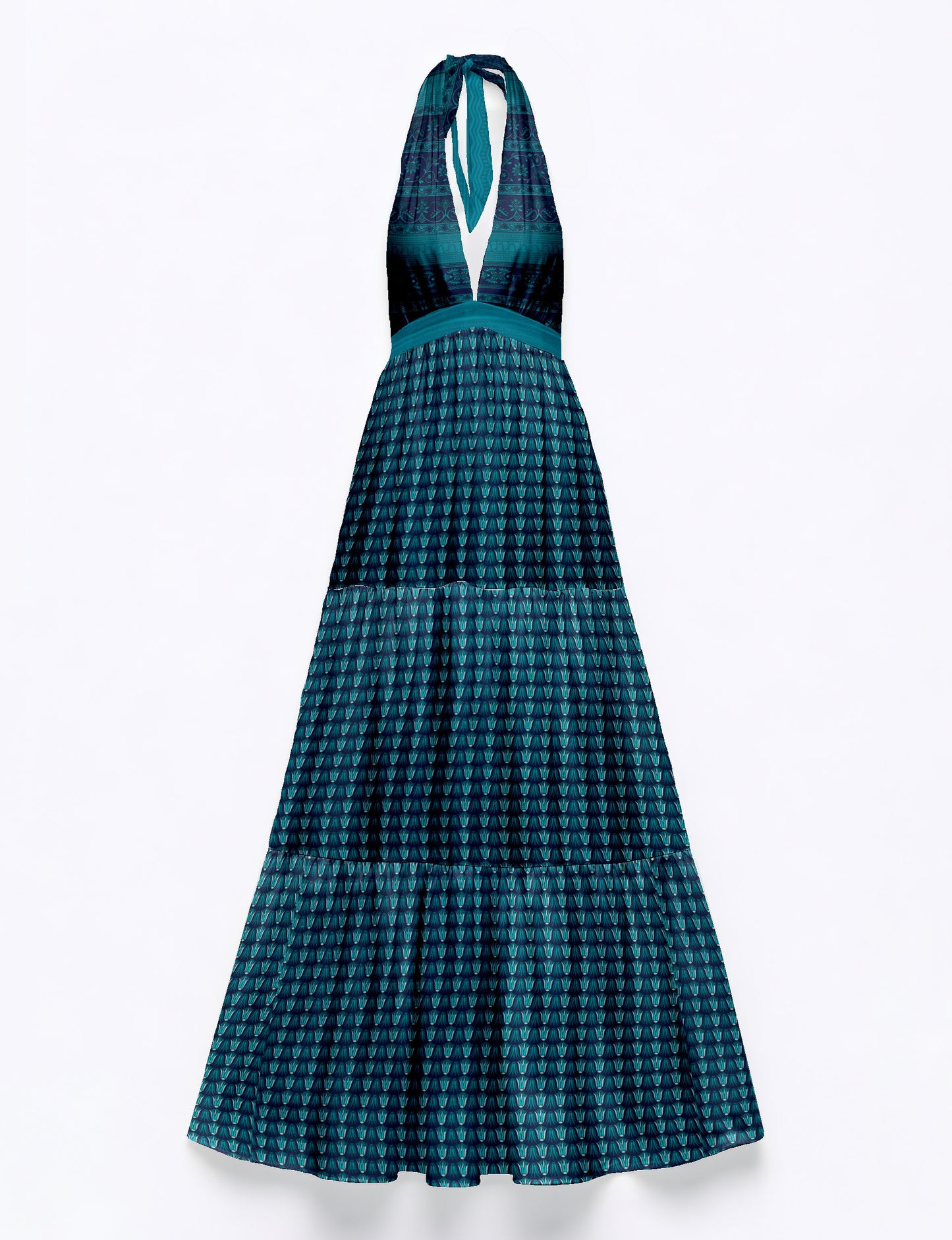 Blue halter neck maxi dress with tiered skirt and mixed leaf and geometric patterns, flat lay view