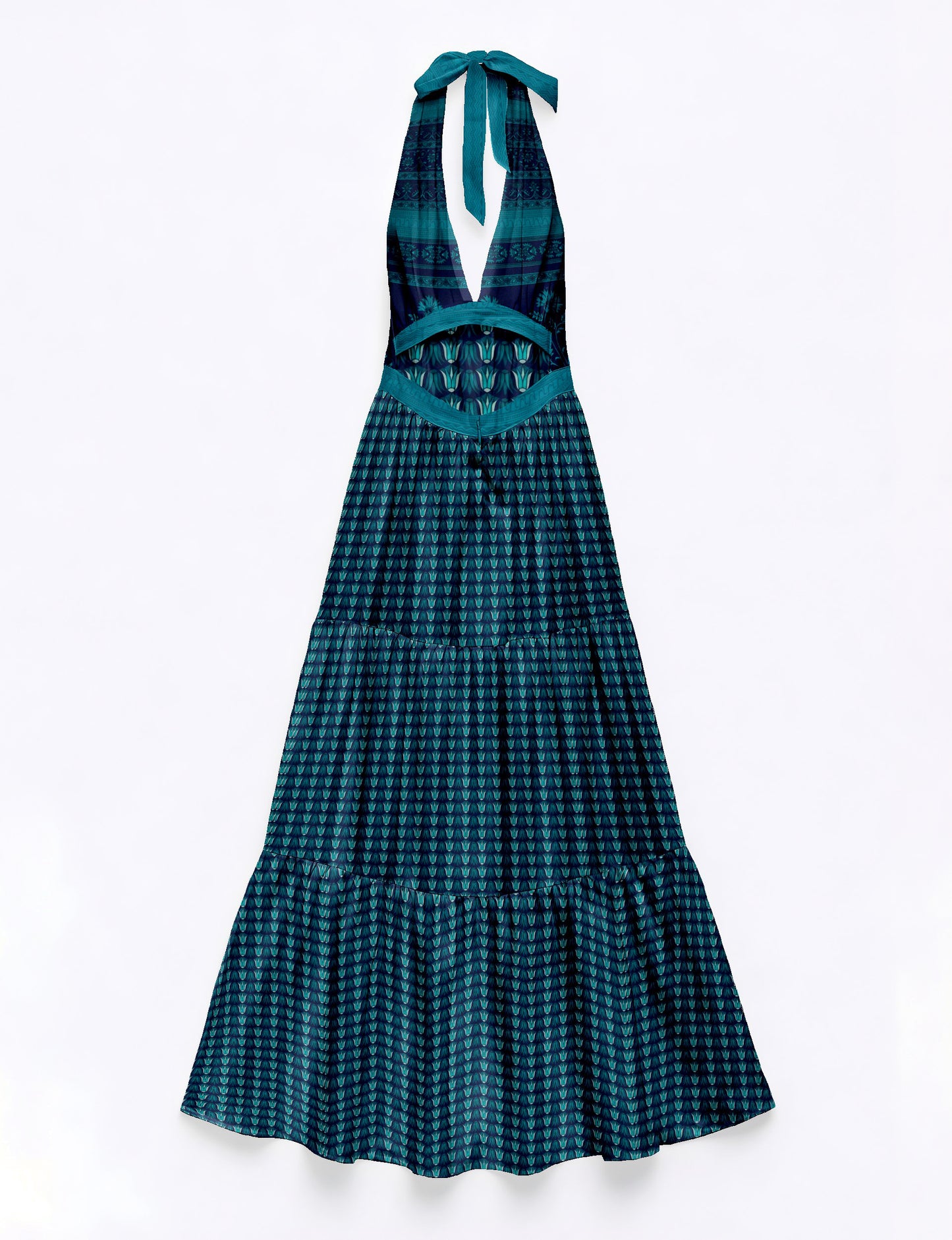 Blue tiered maxi dress with halter neck tie and mixed leaf and geometric patterns, flat lay view
