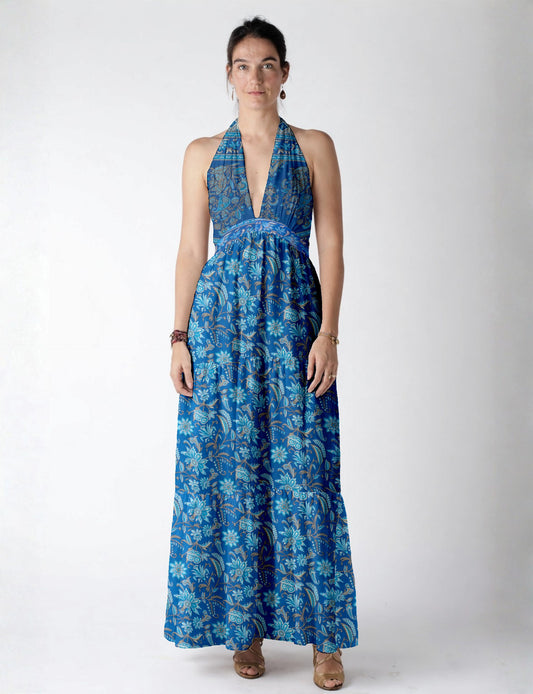 Maxi tiered dress by I was a Sari with halter neckline and flowy silhouette