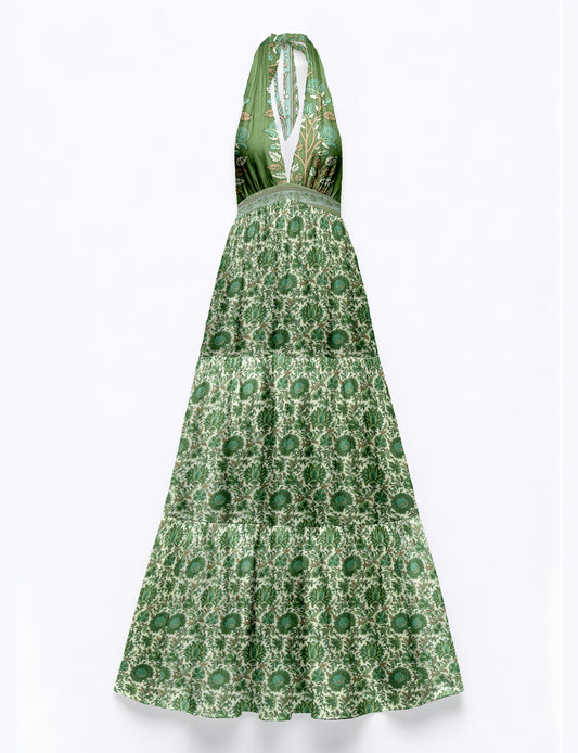 Halter neck maxi dress with tiered layers and elasticated back