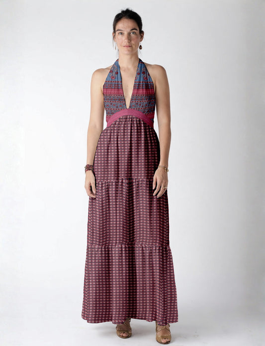 Elegant tiered maxi dress with adjustable tie neck design