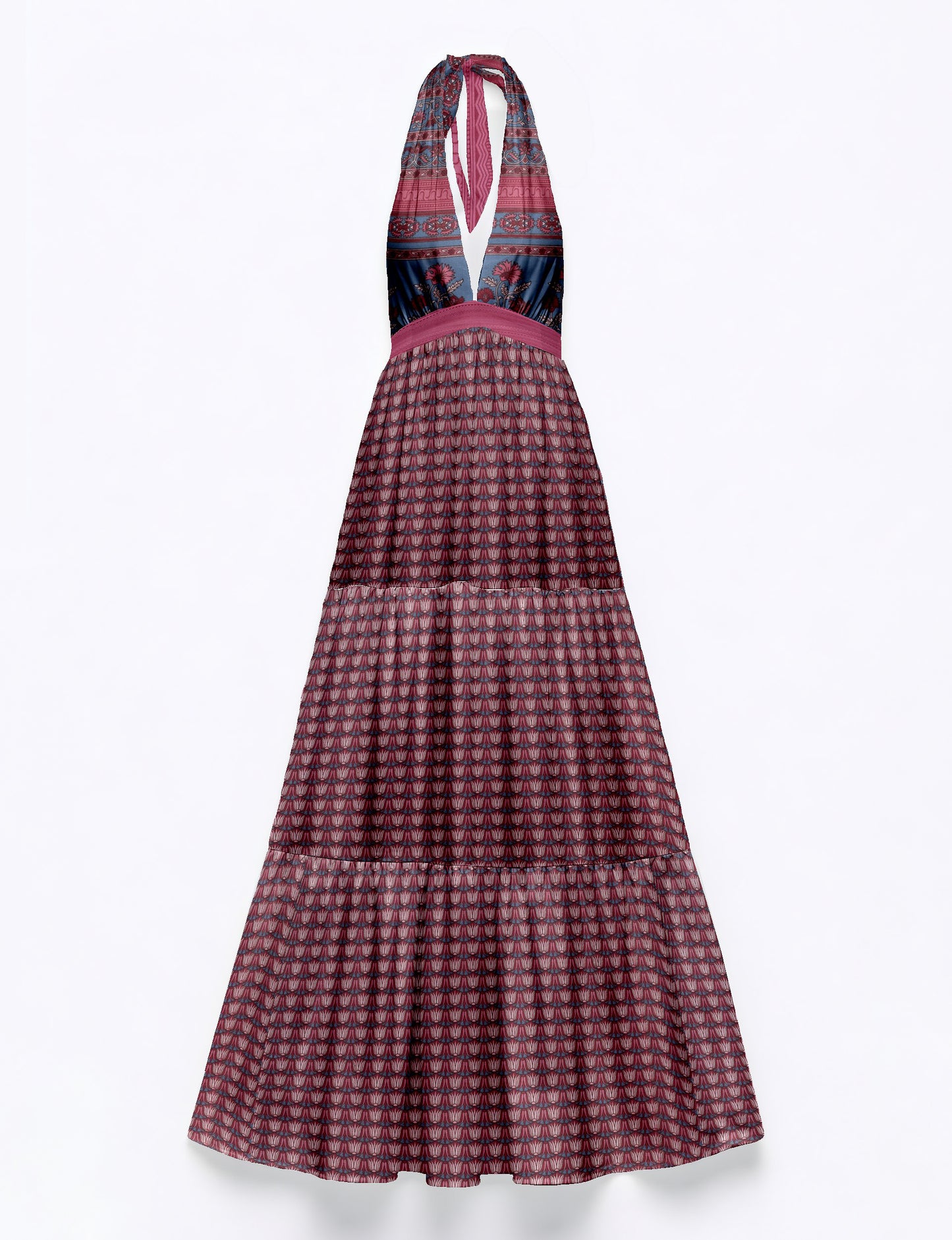 Maxi tiered halter dress with pink and navy leaf and floral patterns, deep V neckline, and fitted waist band, flat lay