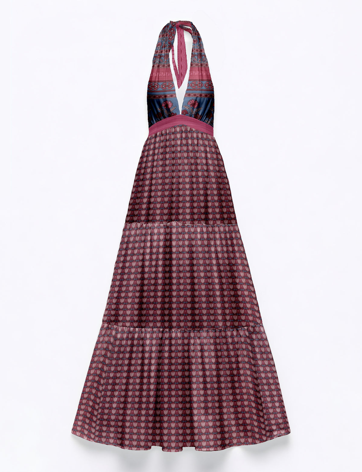 Maxi tiered halter dress with pink and navy leaf and floral patterns, deep V neckline, and fitted waist band, flat lay