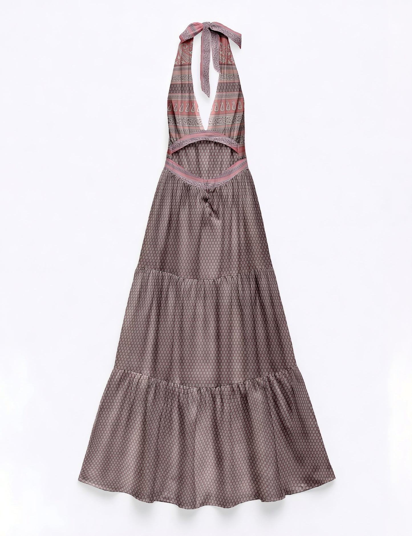 Maxi tiered dress by I was a Sari with halter neckline and flowy silhouette