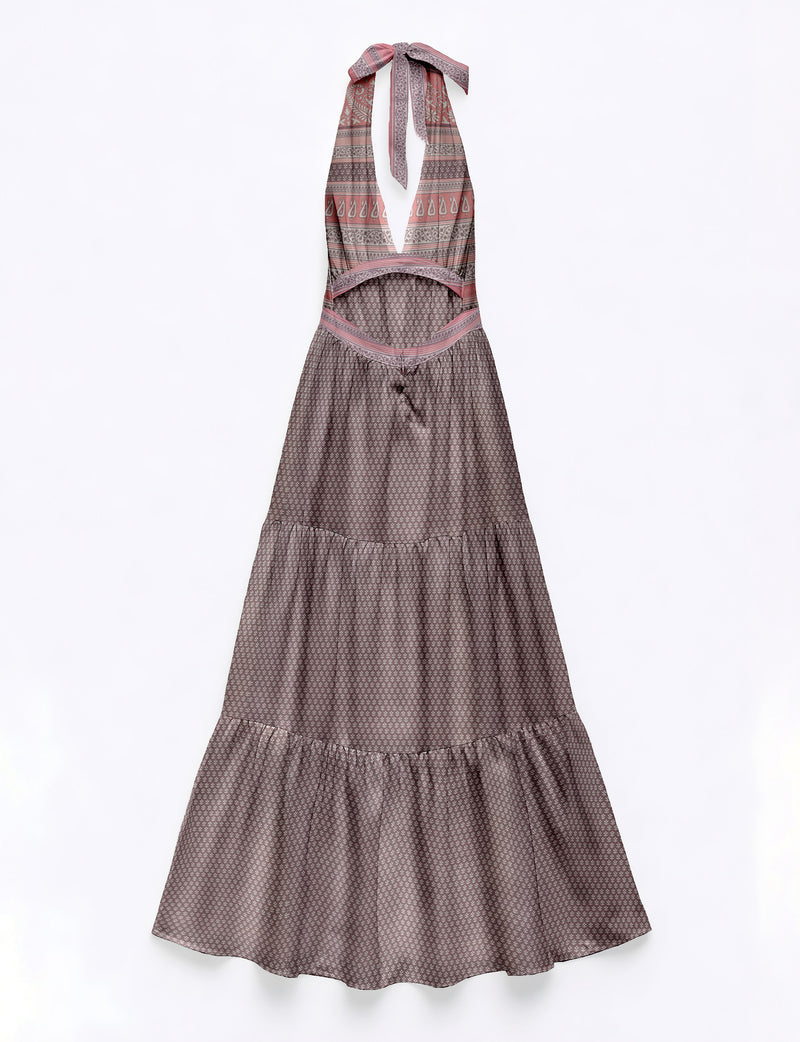 Purple maxi tiered dress with halter neck tie and micro floral and paisley print, flat lay front view