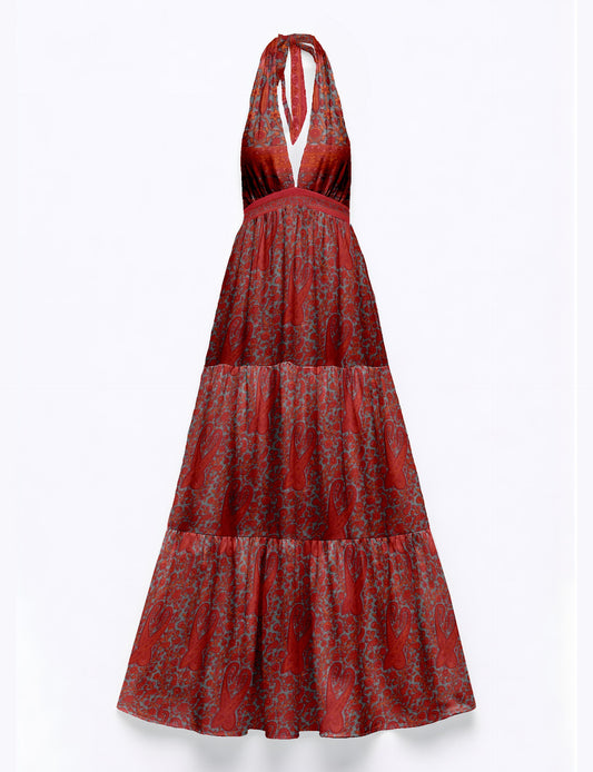 Maxi tiered dress by I was a Sari with halter neckline and flowy silhouette