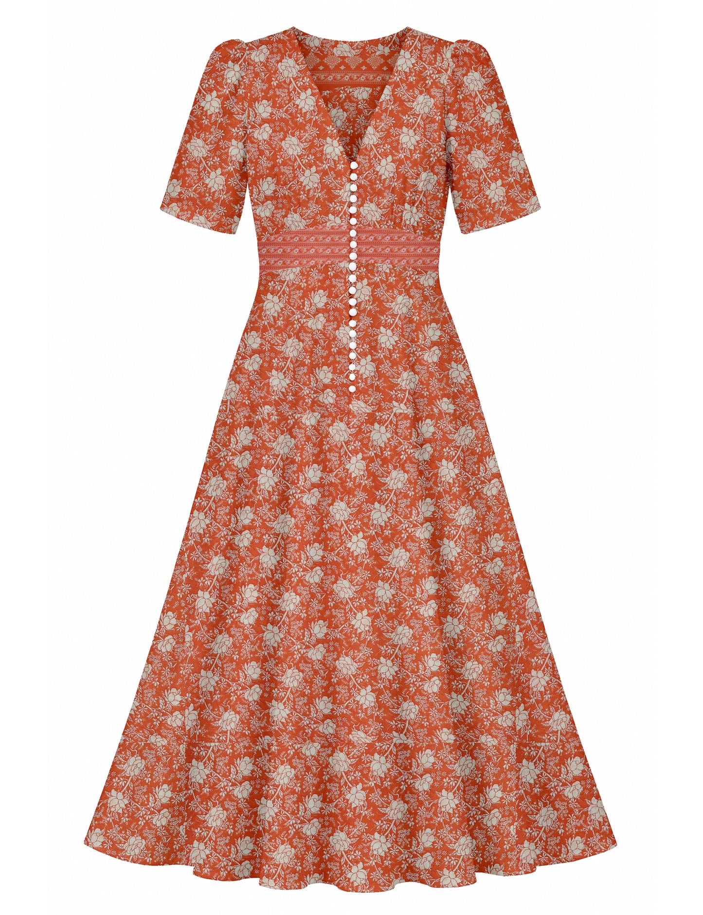 Maxi romantic dress with a fitted bodice, V-neckline, functional button placket, structured waist panel, short sleeves, and a softly flared ankle-length A-line skirt.