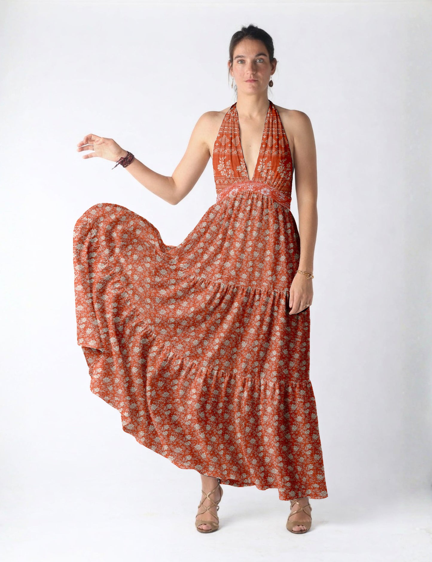 Maxi tiered dress by I was a Sari with halter neckline and flowy silhouette