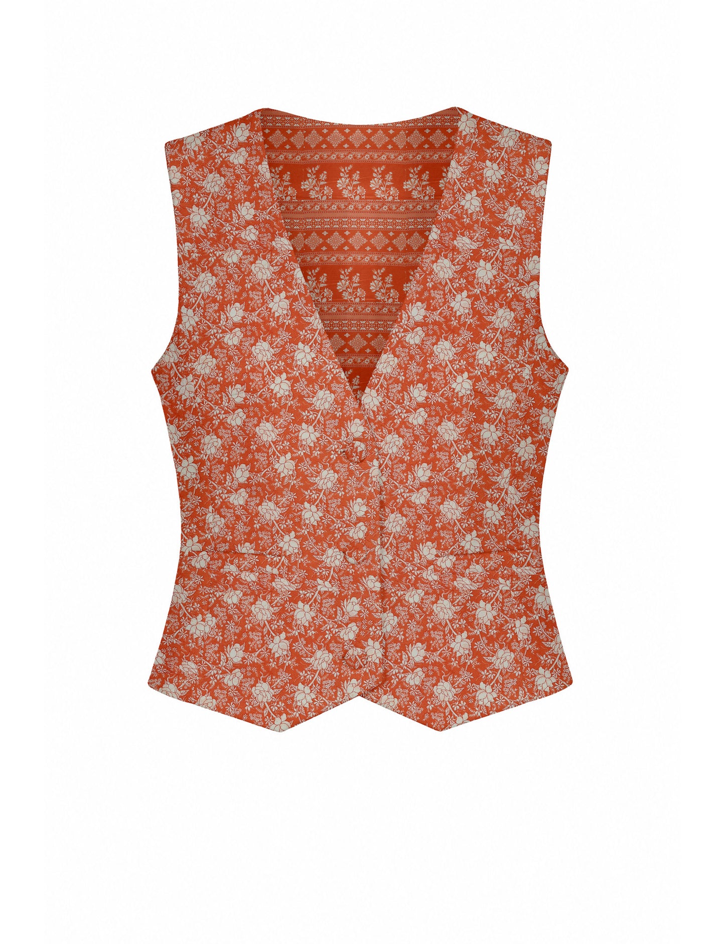 Women's fitted waistcoat with V-neck, single-breasted button closure, tailored silhouette, and pointed hem in sustainable fashion.