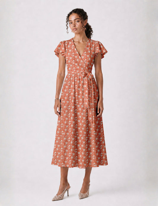 Elegant midi wrap dress with a V-neckline, adjustable waist tie, fitted bodice, and flared skirt for a timeless, flattering silhouette.