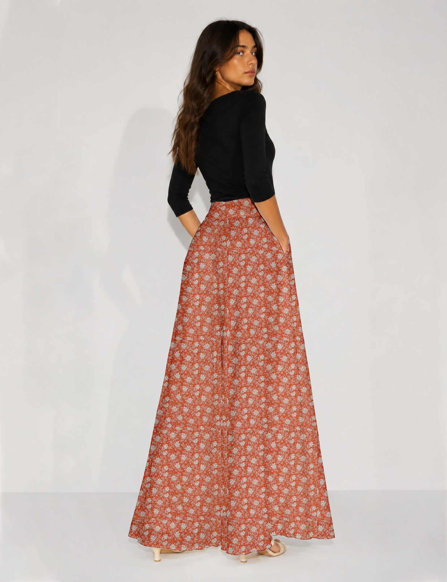 Wide Leg Palazzo Trousers - Orange Floral