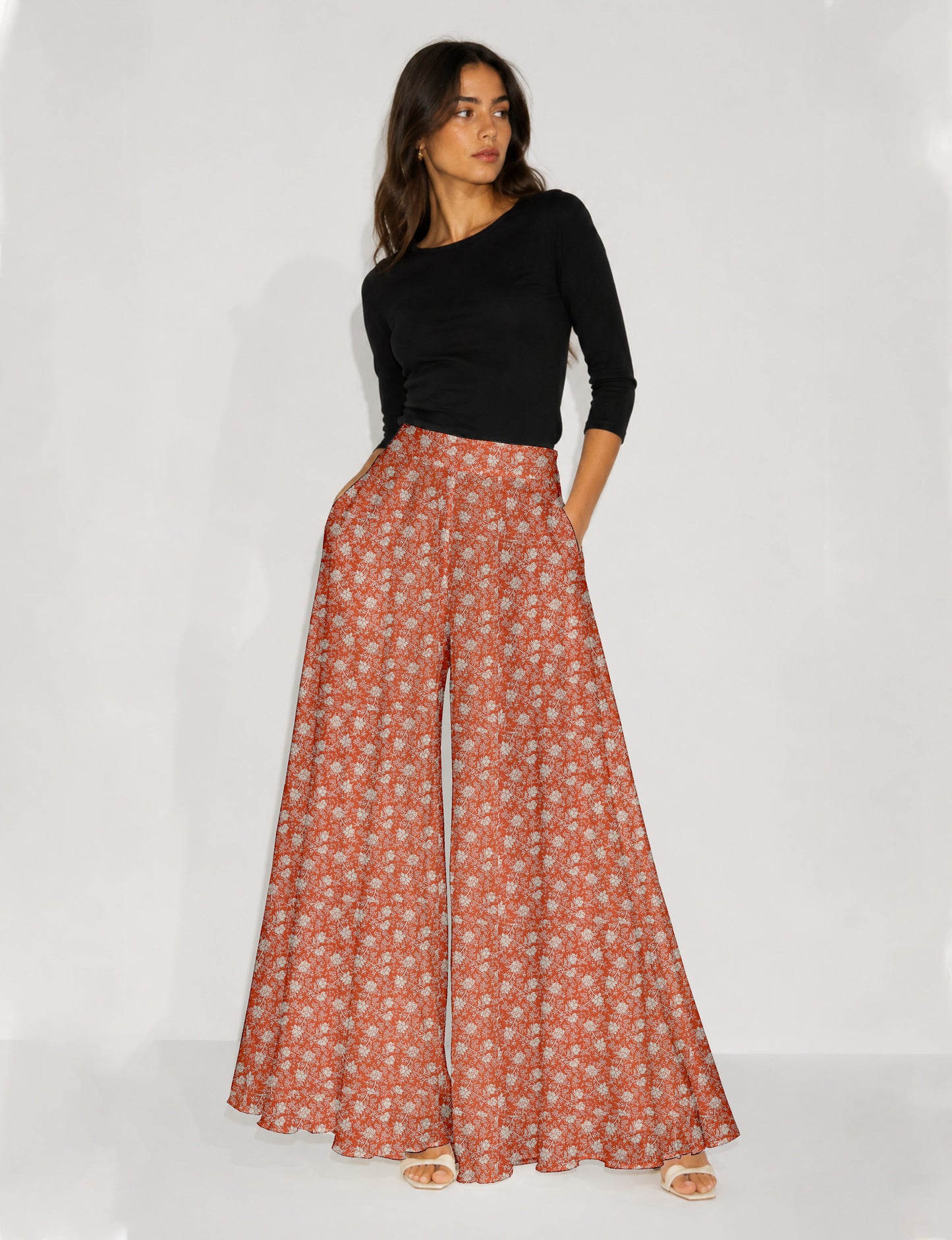 Wide Leg Palazzo Trousers - Orange Floral