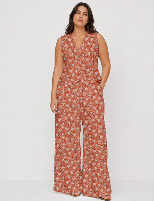 Women's tailored waistcoat set with a sleeveless V-neck button-front waistcoat and high-rise wide leg trousers in a coordinated matching outfit.