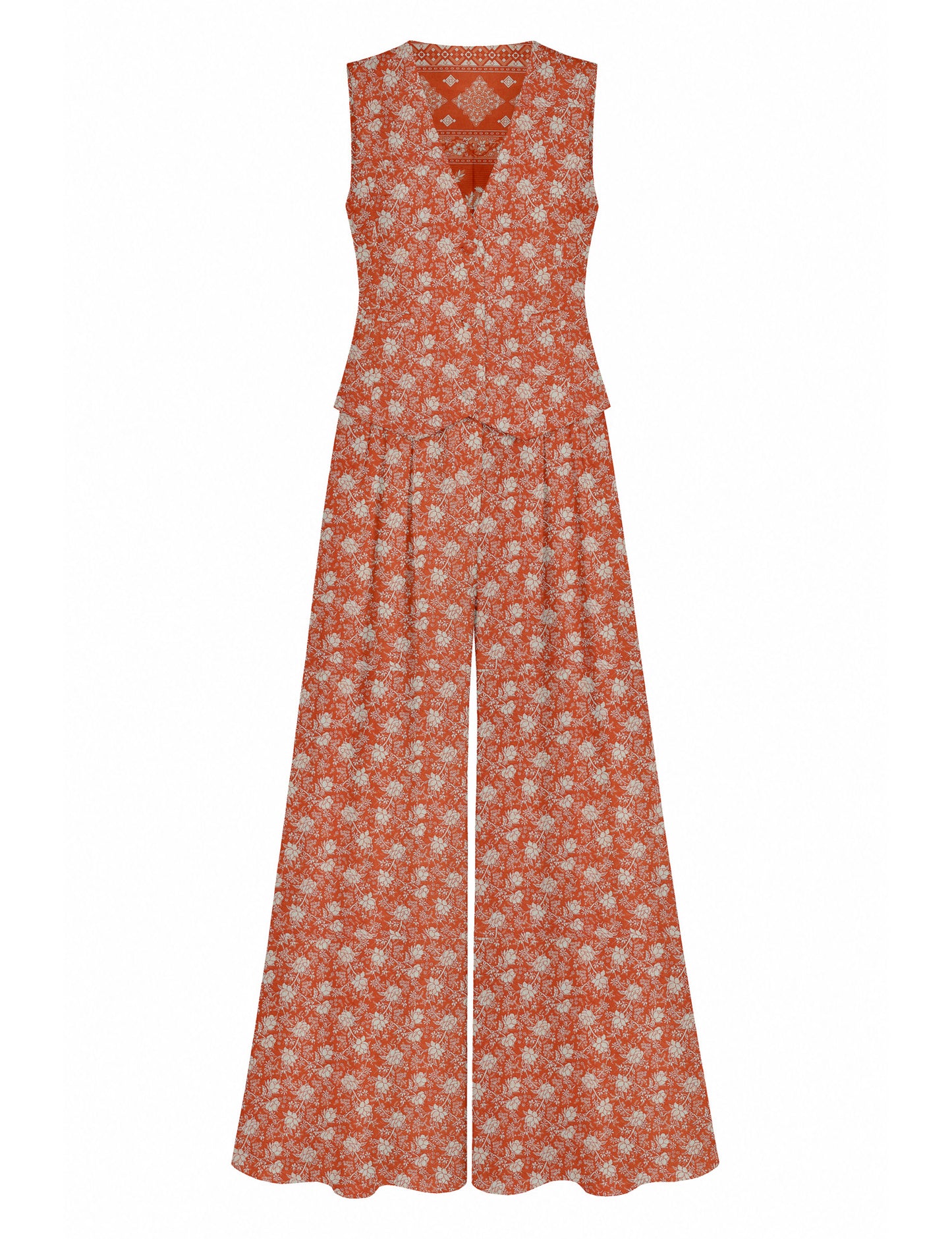 Women's tailored waistcoat set with a sleeveless V-neck button-front waistcoat and high-rise wide leg trousers in a coordinated matching outfit.