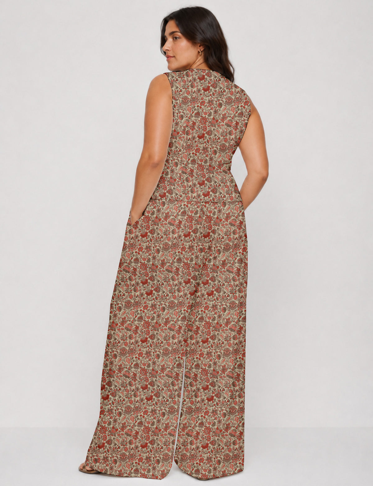 Women's tailored waistcoat set with a sleeveless V-neck button-front waistcoat and high-rise wide leg trousers in a coordinated matching outfit.
