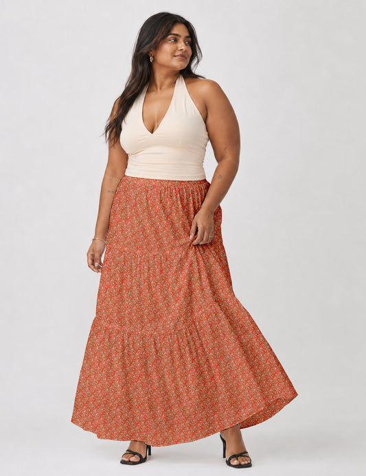 Midi Tiered Skirt - Orange Floral