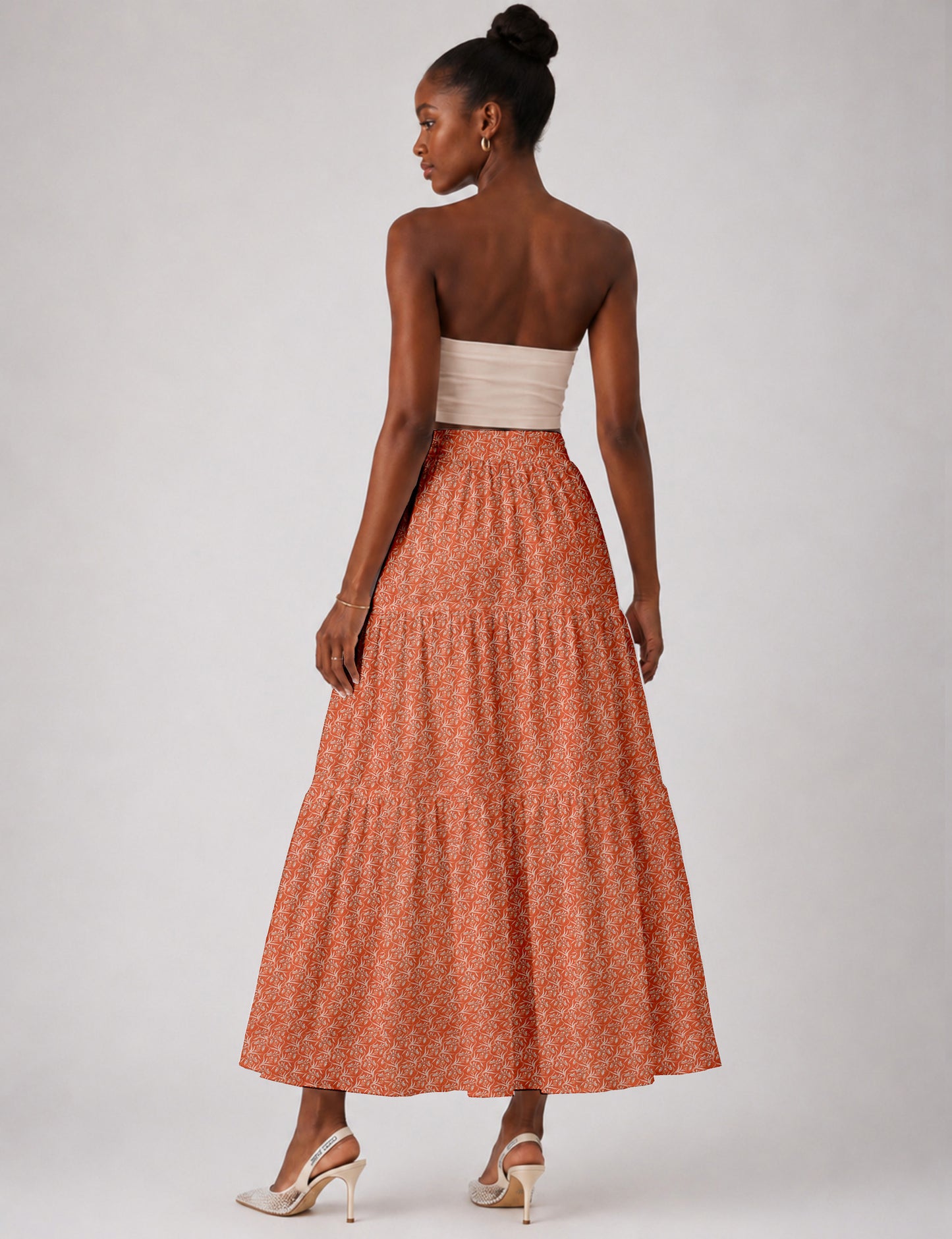 Midi Tiered Skirt - Orange Floral