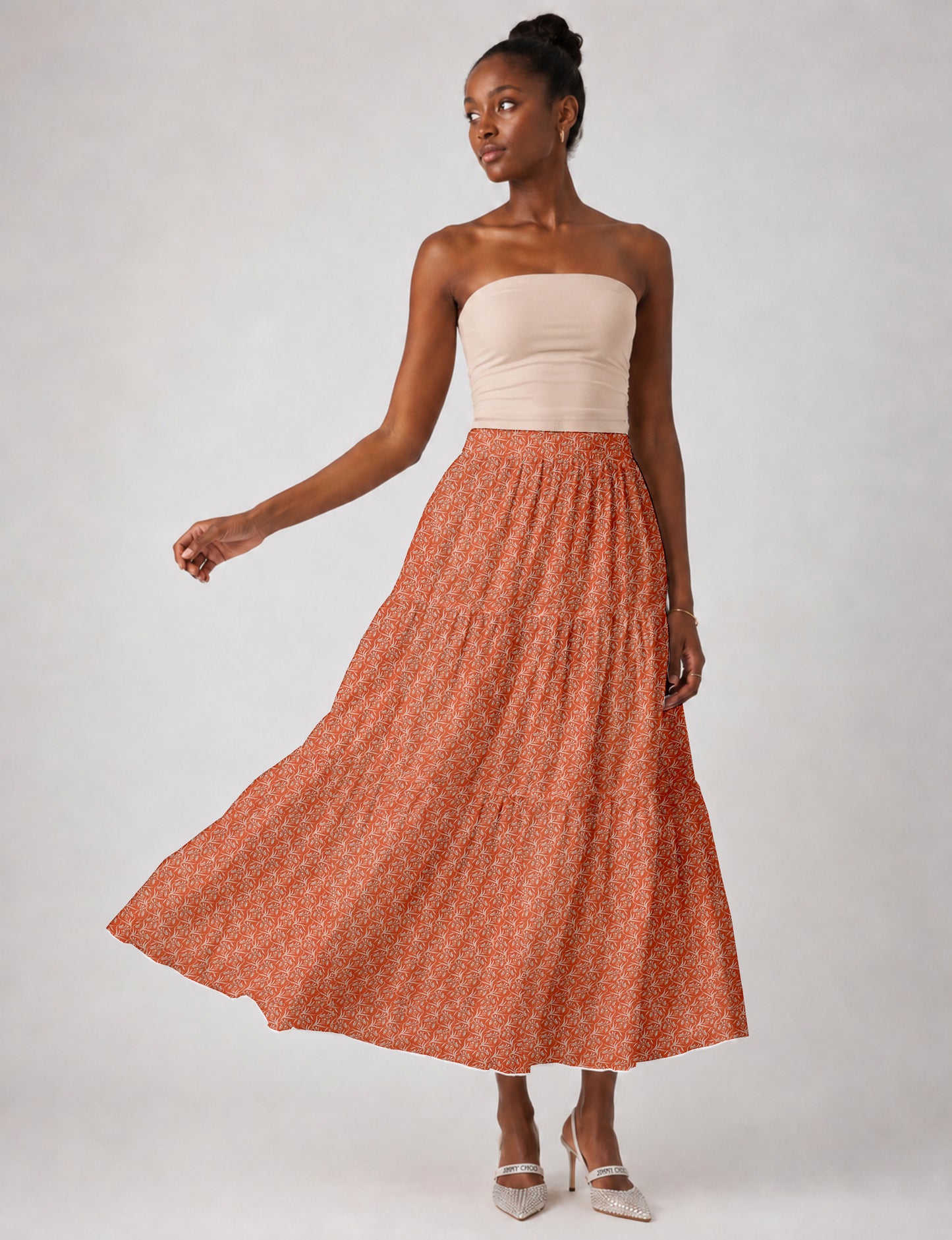 Midi Tiered Skirt - Orange Floral