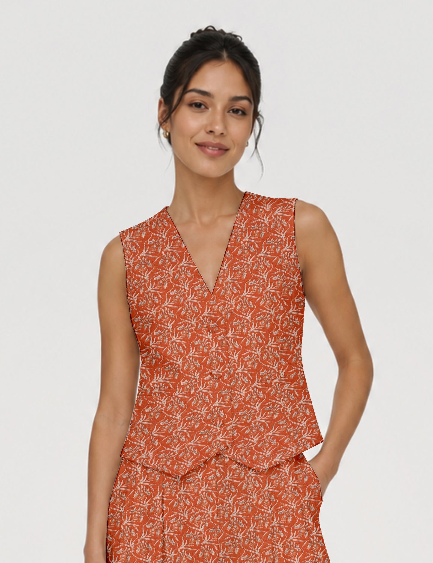 Women's fitted waistcoat with V-neck, single-breasted button closure, tailored silhouette, and pointed hem in sustainable fashion.