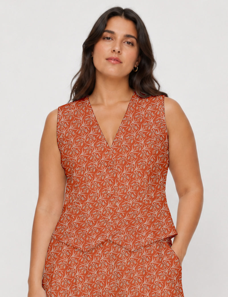 Women's fitted waistcoat with V-neck, single-breasted button closure, tailored silhouette, and pointed hem in sustainable fashion.