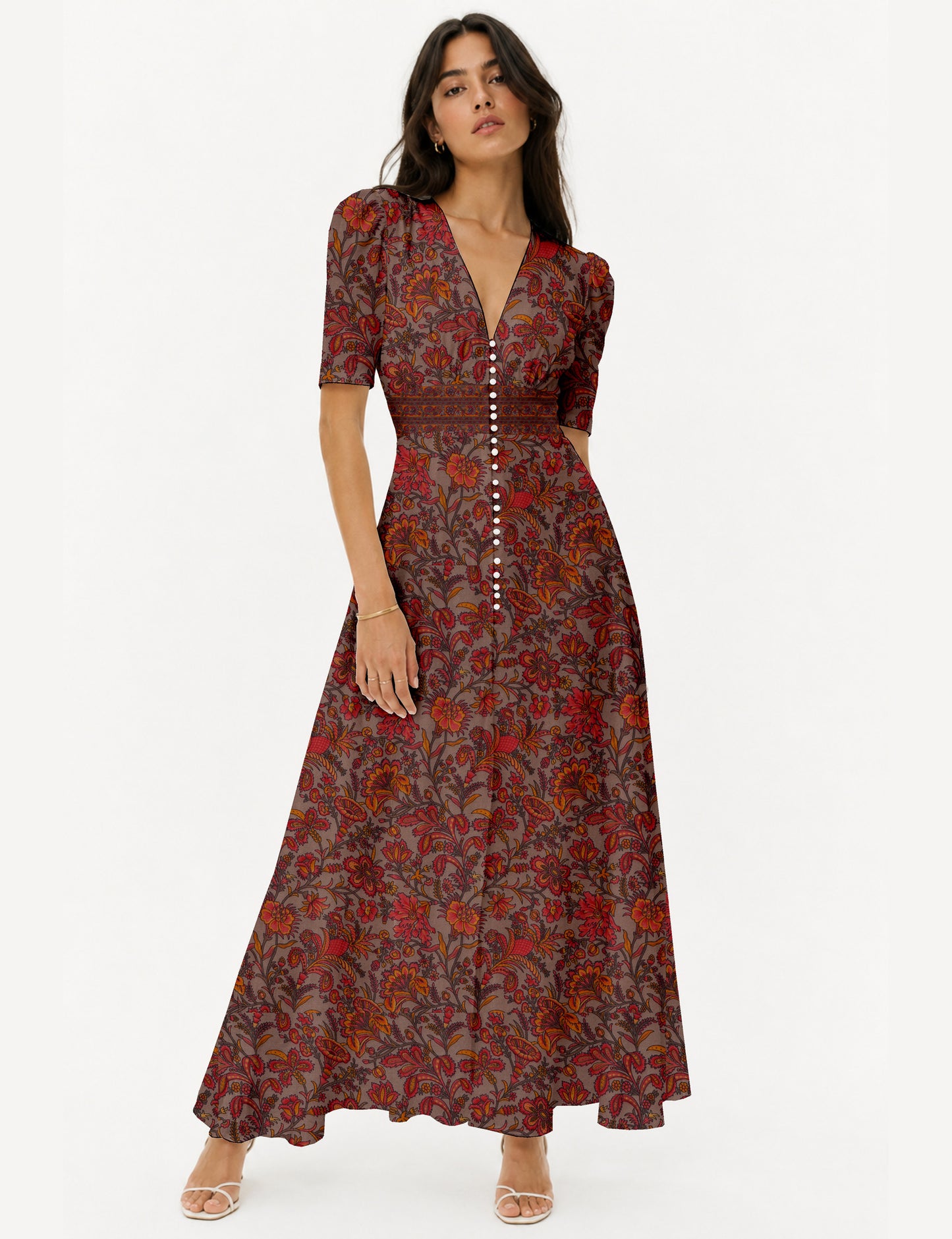 Maxi romantic dress - Orange Floral