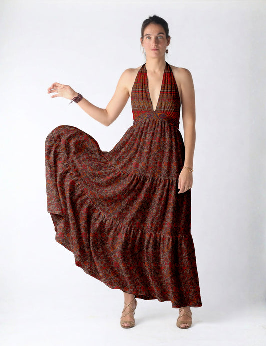 Maxi tiered dress by I was a Sari with halter neckline and flowy silhouette