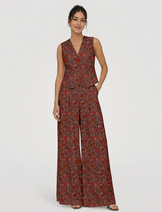 Women's tailored waistcoat set with a sleeveless V-neck button-front waistcoat and high-rise wide leg trousers in a coordinated matching outfit.
