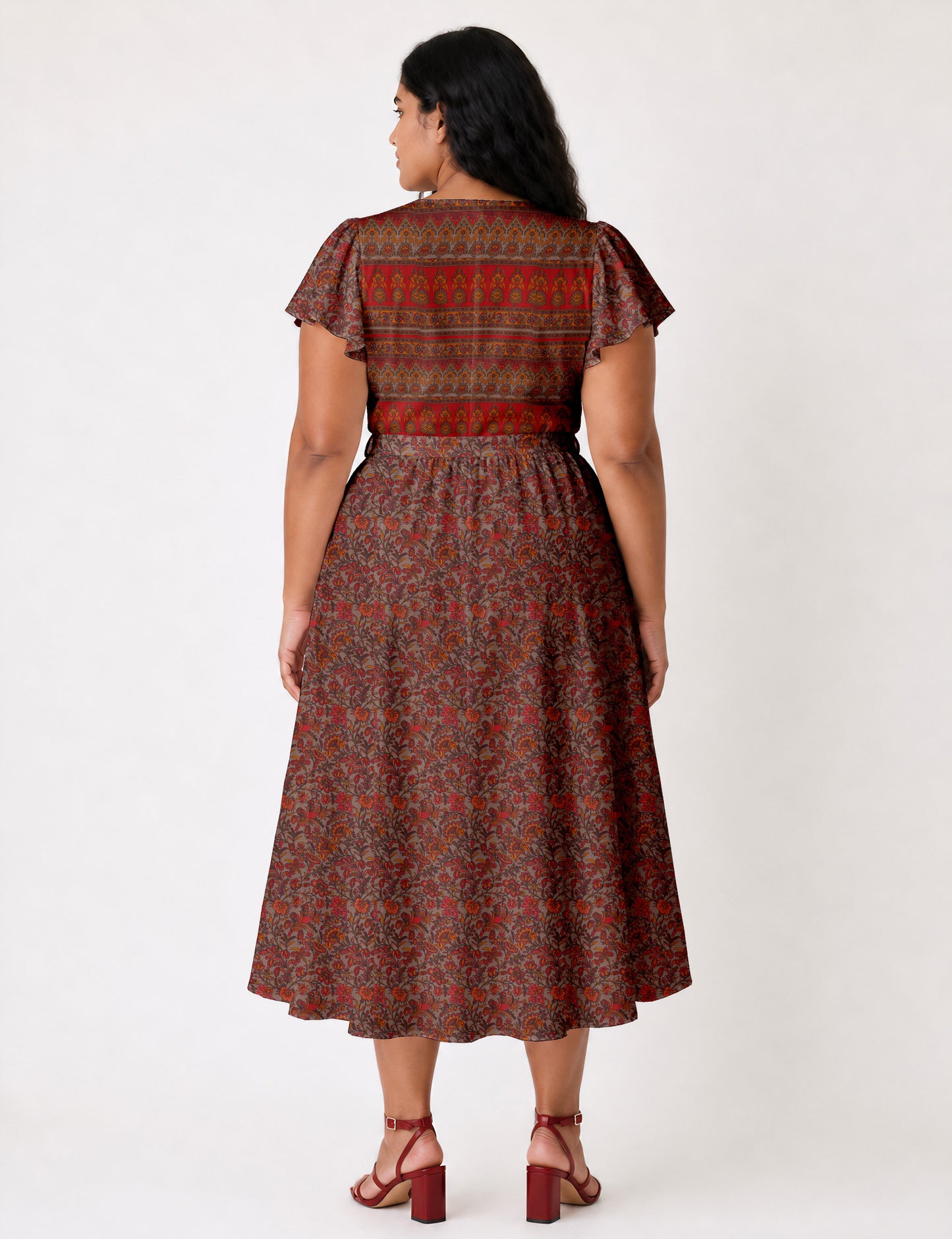 Elegant midi wrap dress with a V-neckline, adjustable waist tie, fitted bodice, and flared skirt for a timeless, flattering silhouette.