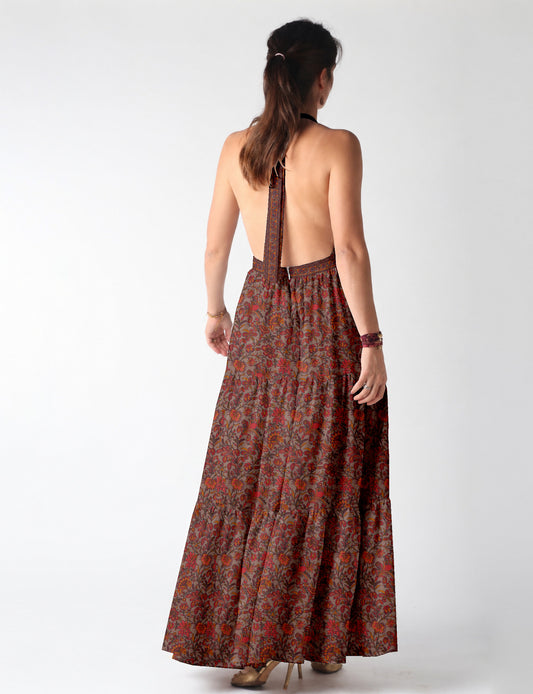 Maxi tiered dress by I was a Sari with halter neckline and flowy silhouette
