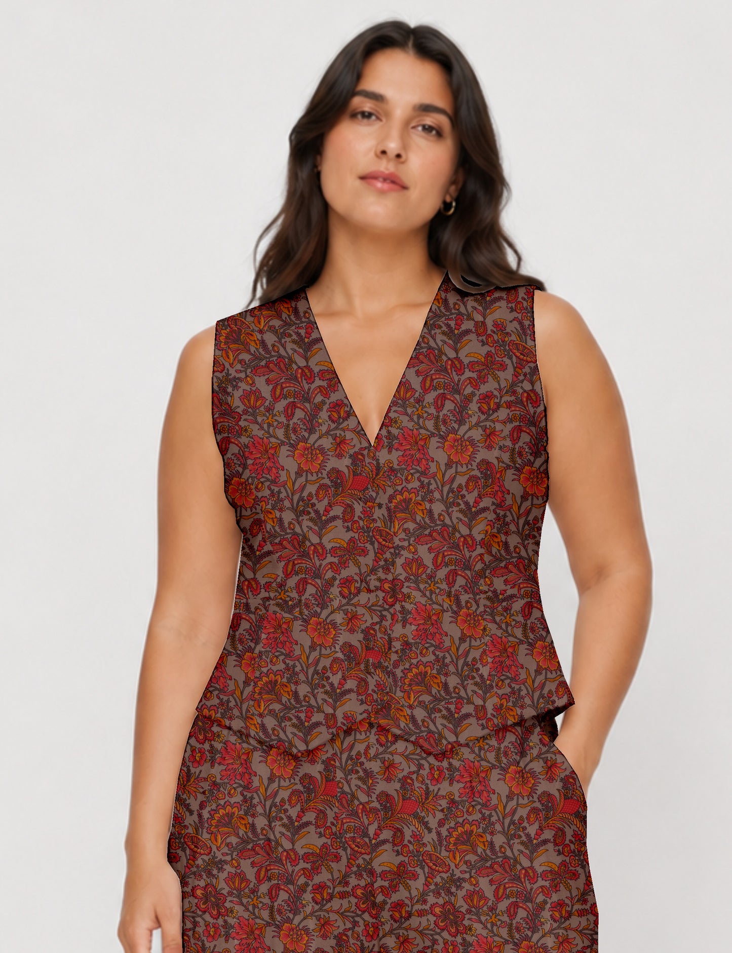 Women's fitted waistcoat with V-neck, single-breasted button closure, tailored silhouette, and pointed hem in sustainable fashion.