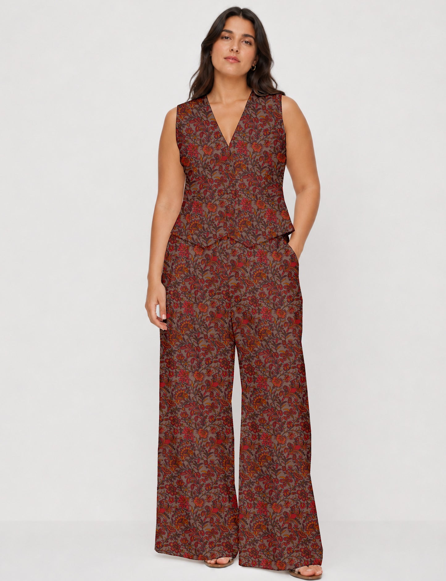 Women's tailored waistcoat set with a sleeveless V-neck button-front waistcoat and high-rise wide leg trousers in a coordinated matching outfit.