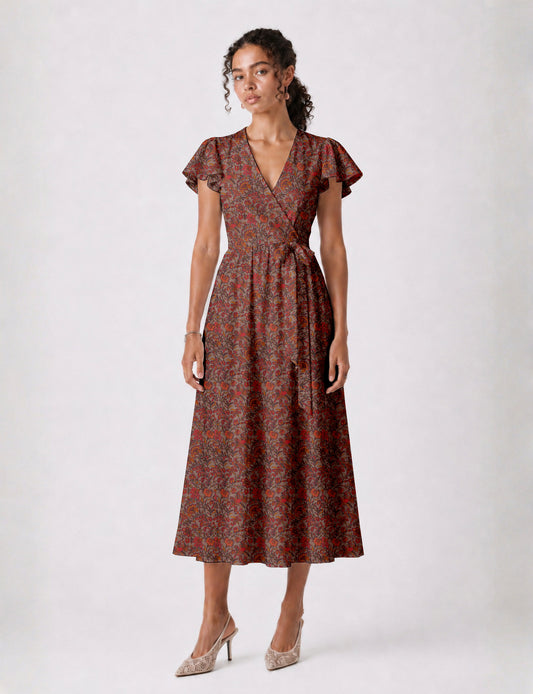 Elegant midi wrap dress with a V-neckline, adjustable waist tie, fitted bodice, and flared skirt for a timeless, flattering silhouette.