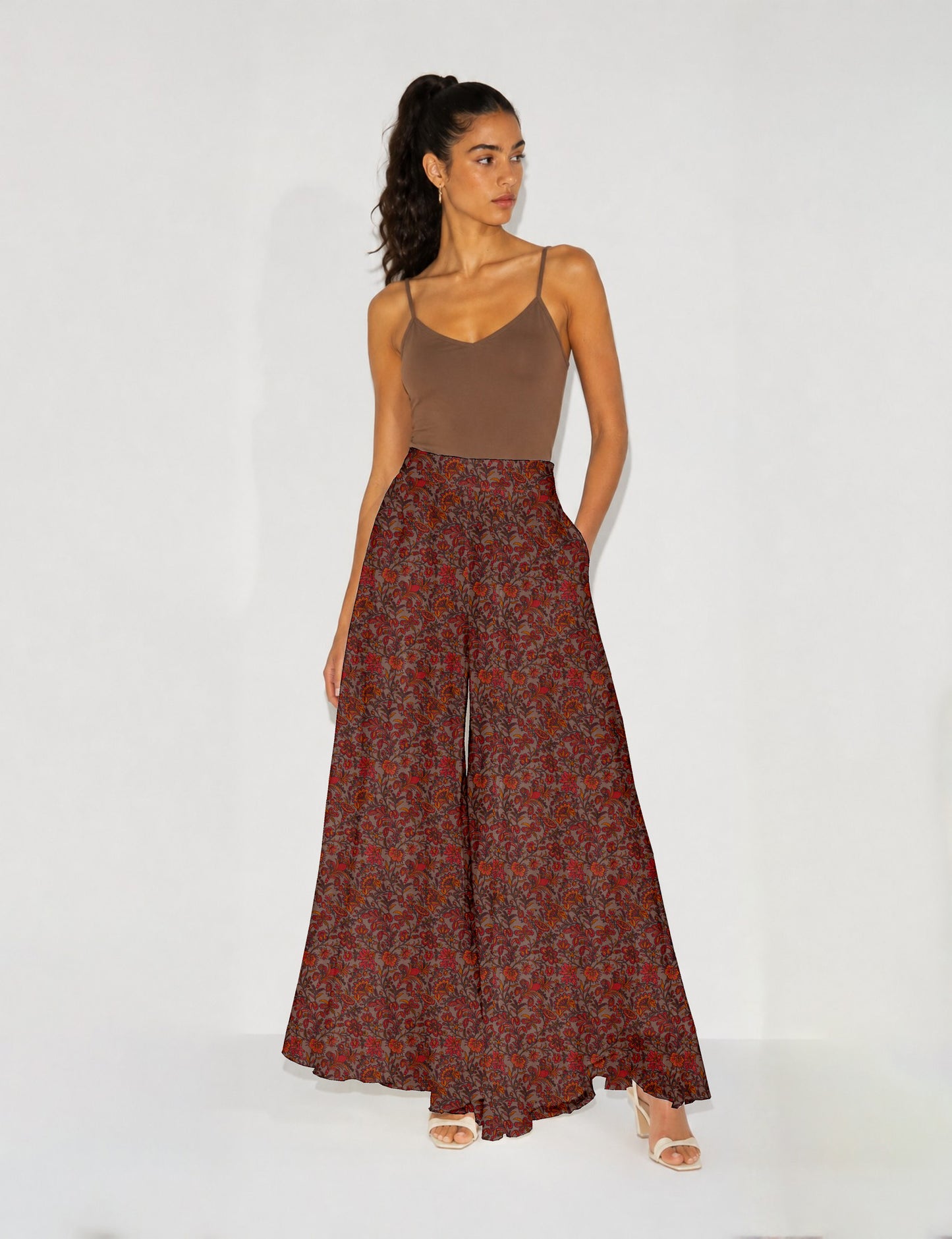 Wide Leg Palazzo Trousers - Orange Floral
