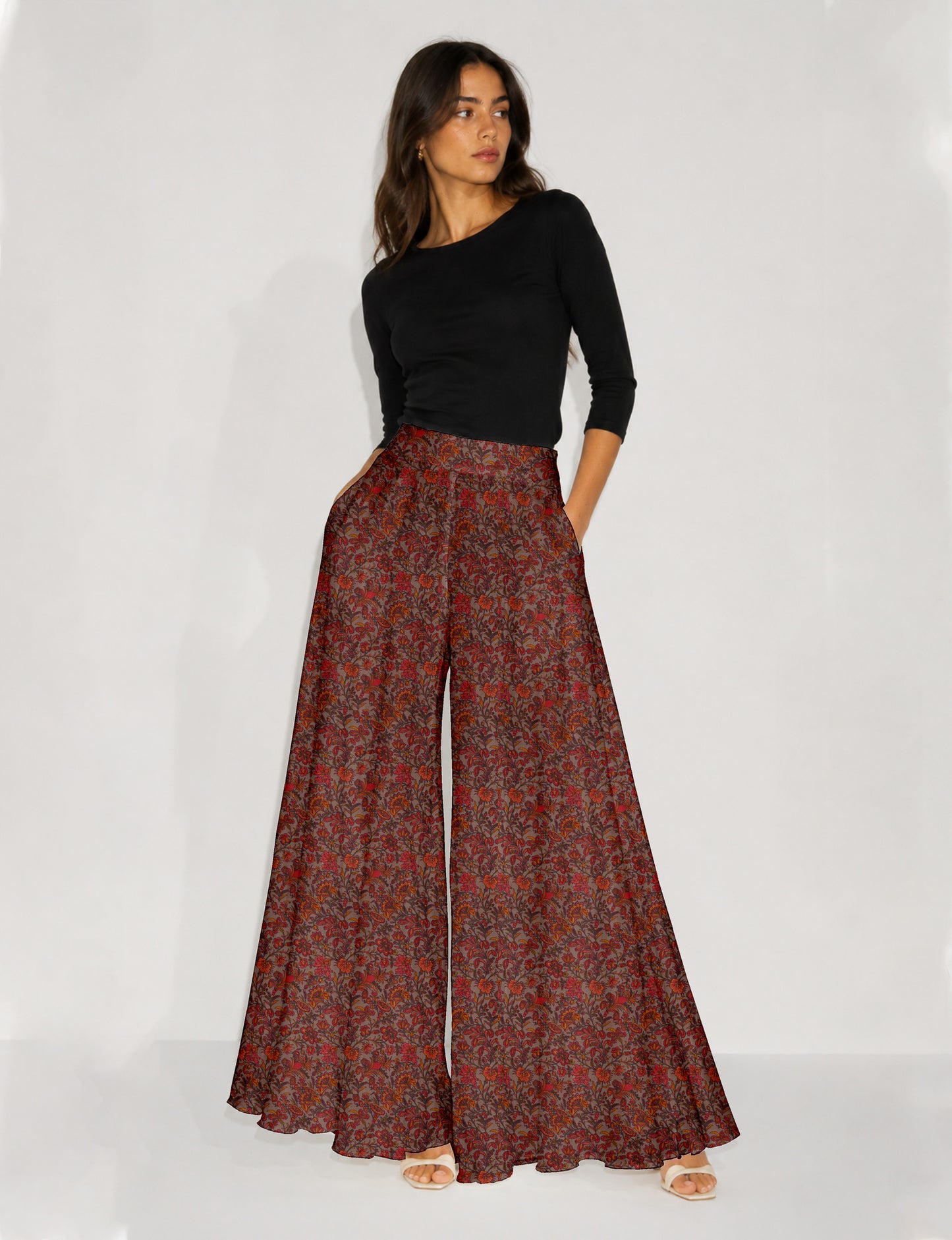 Wide Leg Palazzo Trousers - Orange Floral