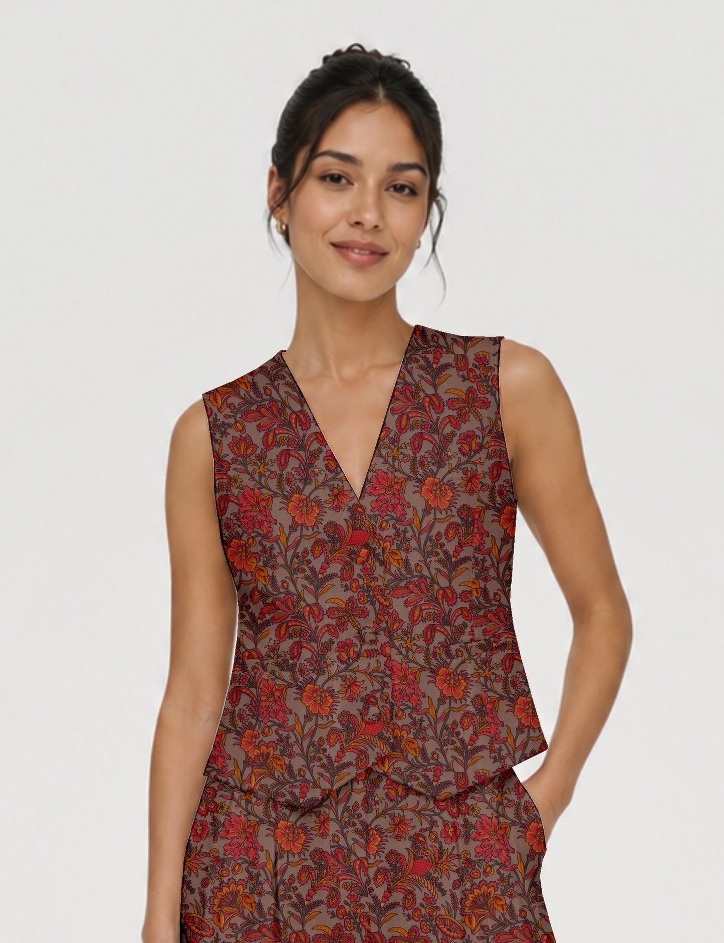 Women's fitted waistcoat with V-neck, single-breasted button closure, tailored silhouette, and pointed hem in sustainable fashion.
