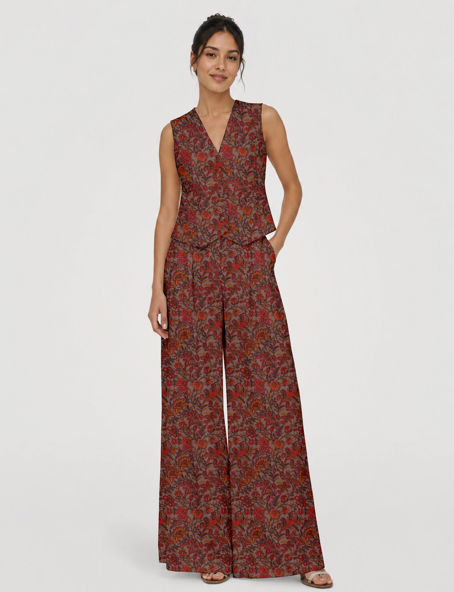 Women's tailored waistcoat set with a sleeveless V-neck button-front waistcoat and high-rise wide leg trousers in a coordinated matching outfit.