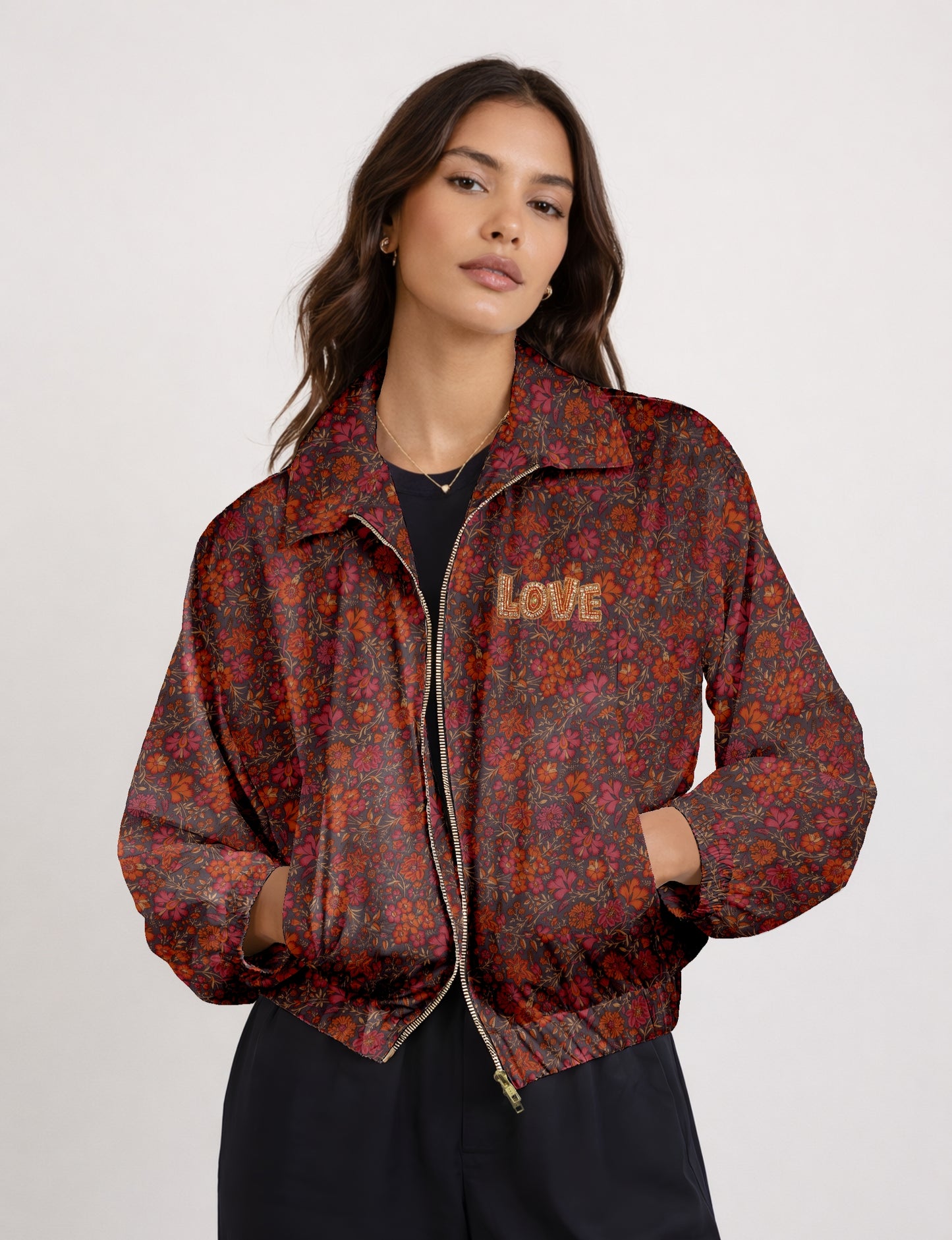 Love Bomber Jacket made from recycled fabric, featuring hand-stitched Aari embroidery. A unique piece of zero-waste clothing, part of the circular fashion movement. Designed with upcycled materials for a stylish yet environmentally friendly clothing choice.