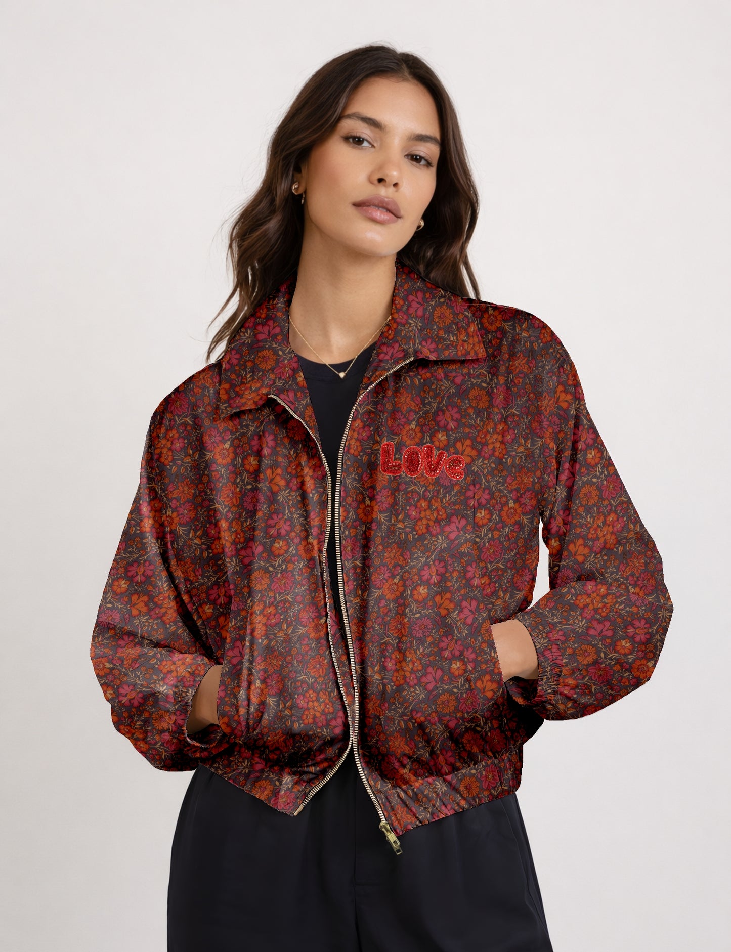 Love Bomber Jacket made from recycled fabric, featuring hand-stitched Aari embroidery. A unique piece of zero-waste clothing, part of the circular fashion movement. Designed with upcycled materials for a stylish yet environmentally friendly clothing choice.