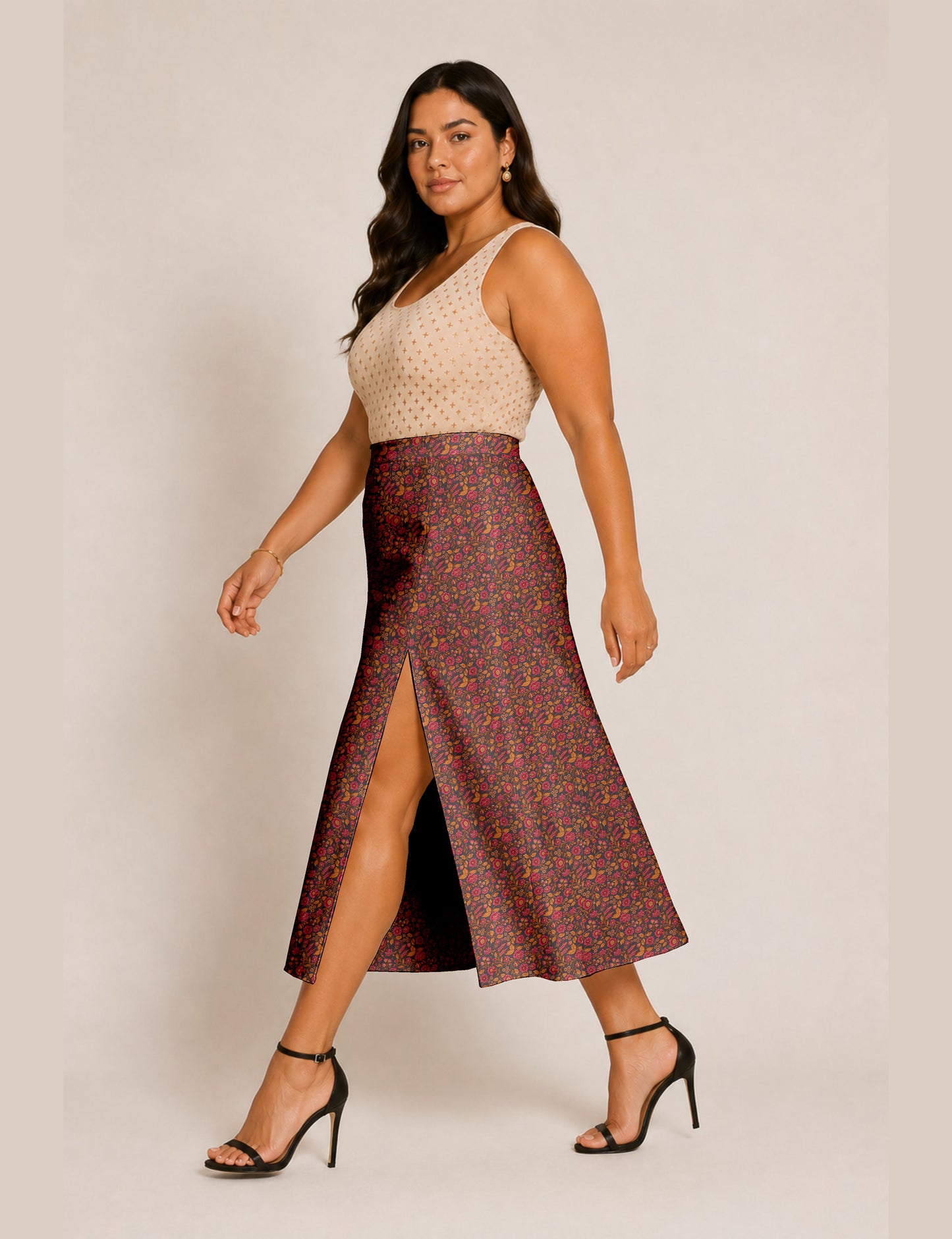 A line skirt with slit - Orange Floral