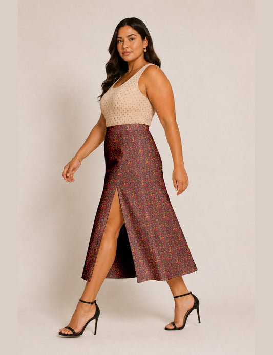 A line skirt with slit - Orange Floral