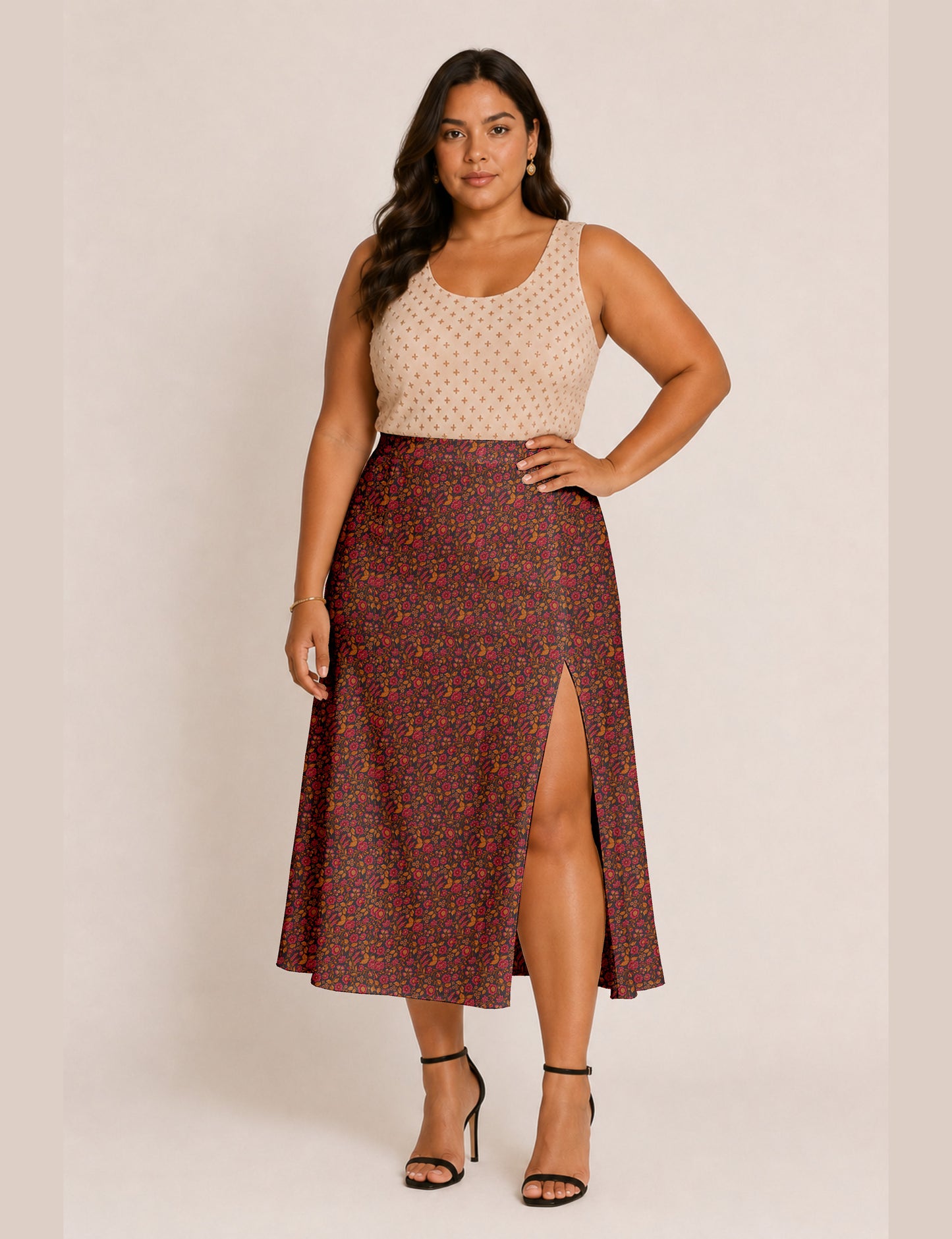A line skirt with slit - Orange Floral