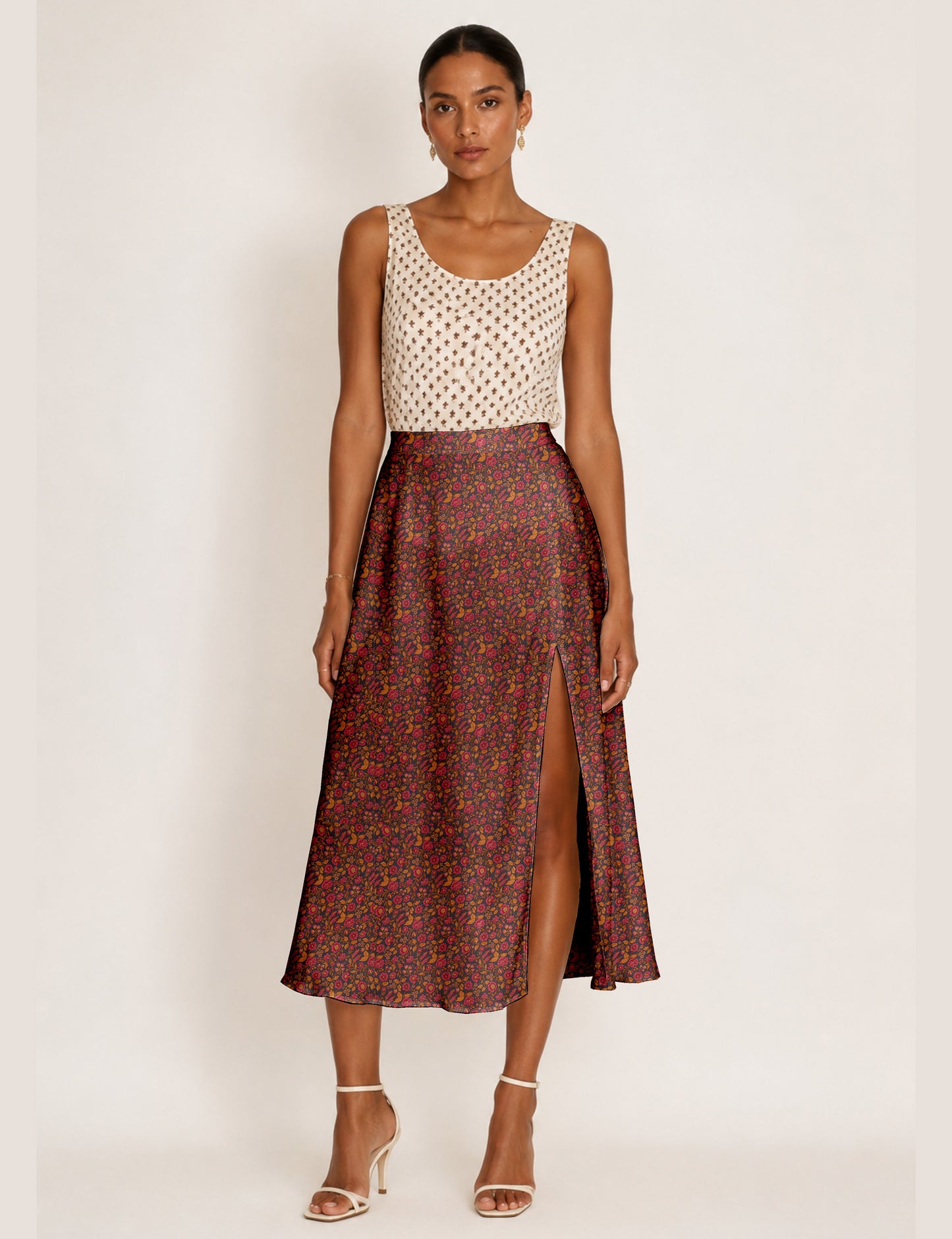 A line skirt with slit - Orange Floral