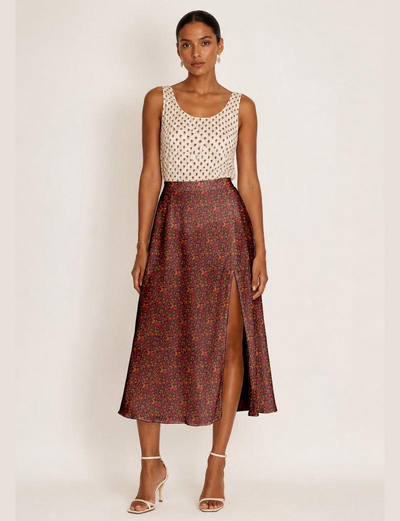 A line skirt with slit - Orange Floral