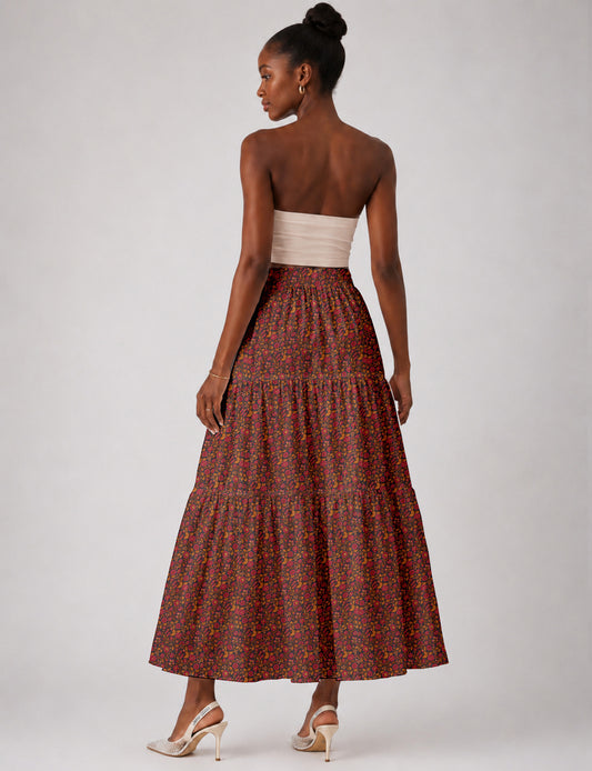 Midi Tiered Skirt - Orange Floral
