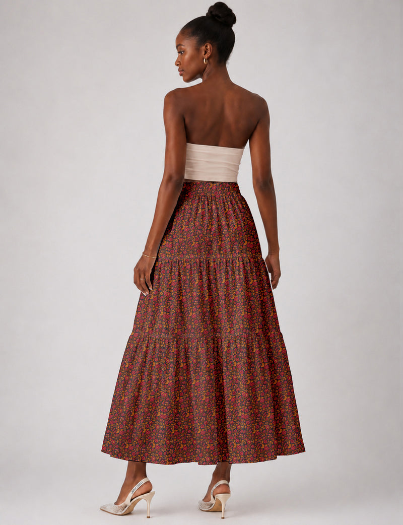 Midi Tiered Skirt - Orange Floral