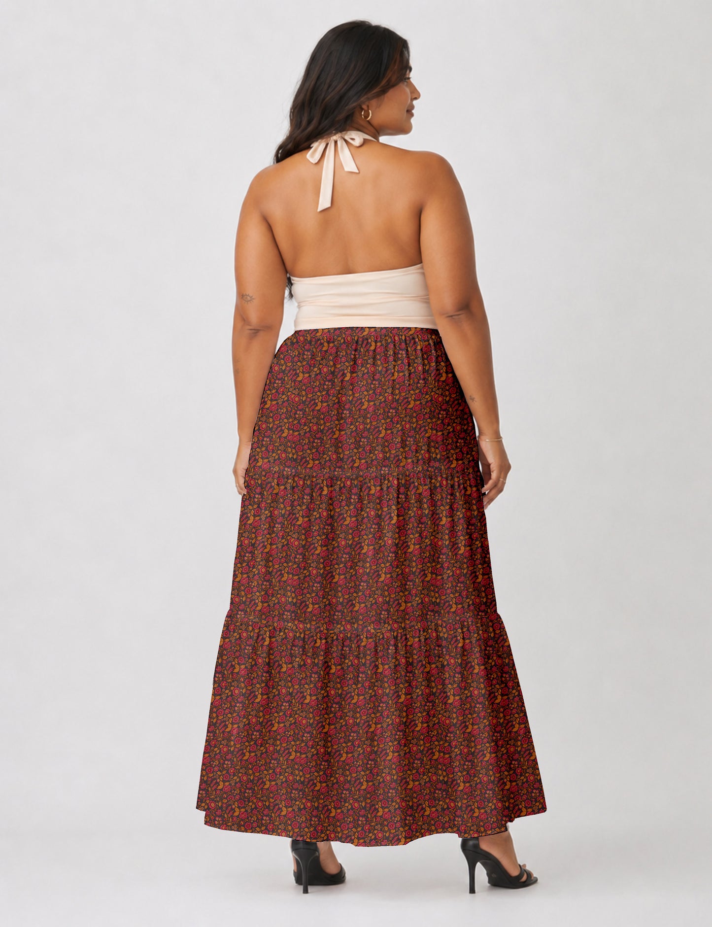 Midi Tiered Skirt - Orange Floral